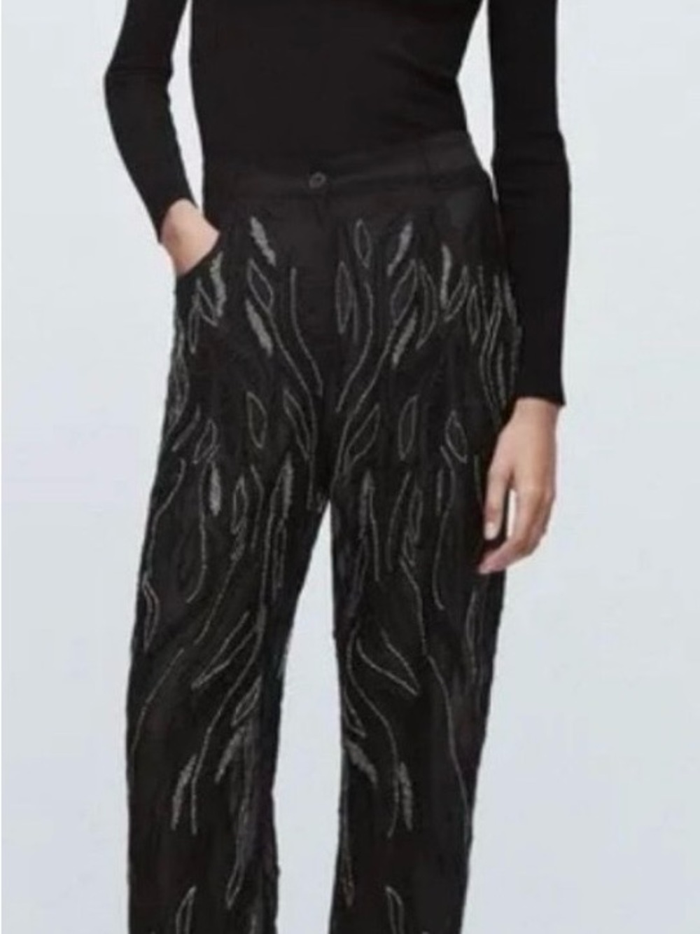 Zara Black Wide-Leg Pants with Silver Embroidery